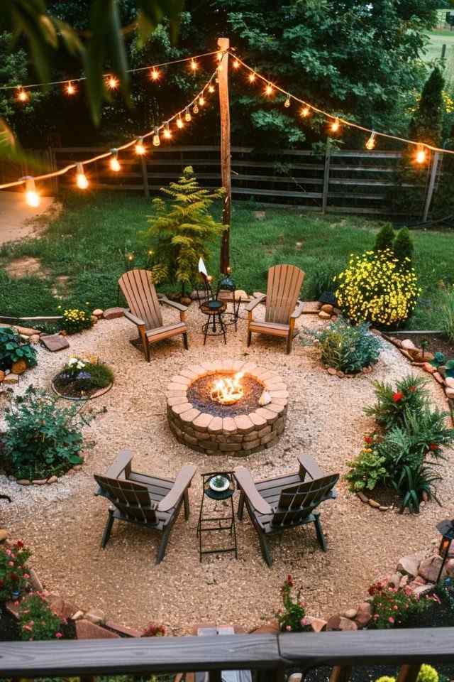 Cozy backyard fire pit area with a circular gravel seating space, Adirondack chairs, and a stone fire pit at the center. String lights hang overhead, casting a warm glow over landscaped garden beds, flowers, and a wooden fence backdrop, creating an inviting outdoor gathering spot.