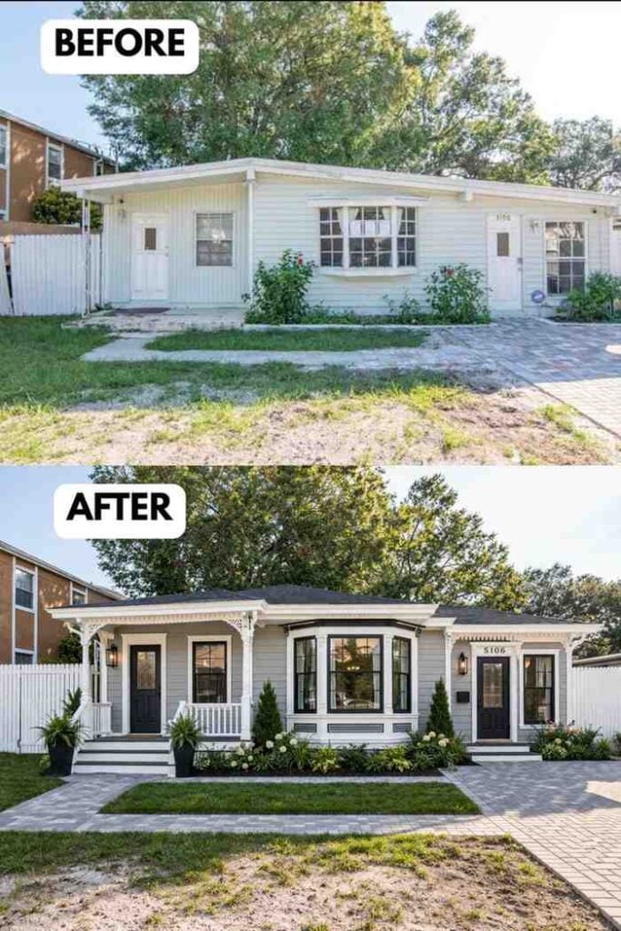 Before-and-after comparison of a small single-story bungalow exterior renovation. The “before” image shows a plain light-colored house with simple siding, minimal trim, patchy lawn, and basic windows and doors. The “after” image reveals a stylish upgrade with light gray siding, a dark roof, decorative porch with ornate trim and railing, black front doors, a large bay window, modern wall lanterns, and neatly landscaped plants along the front. A new paved walkway and improved greenery give the home a polished, welcoming curb appeal.