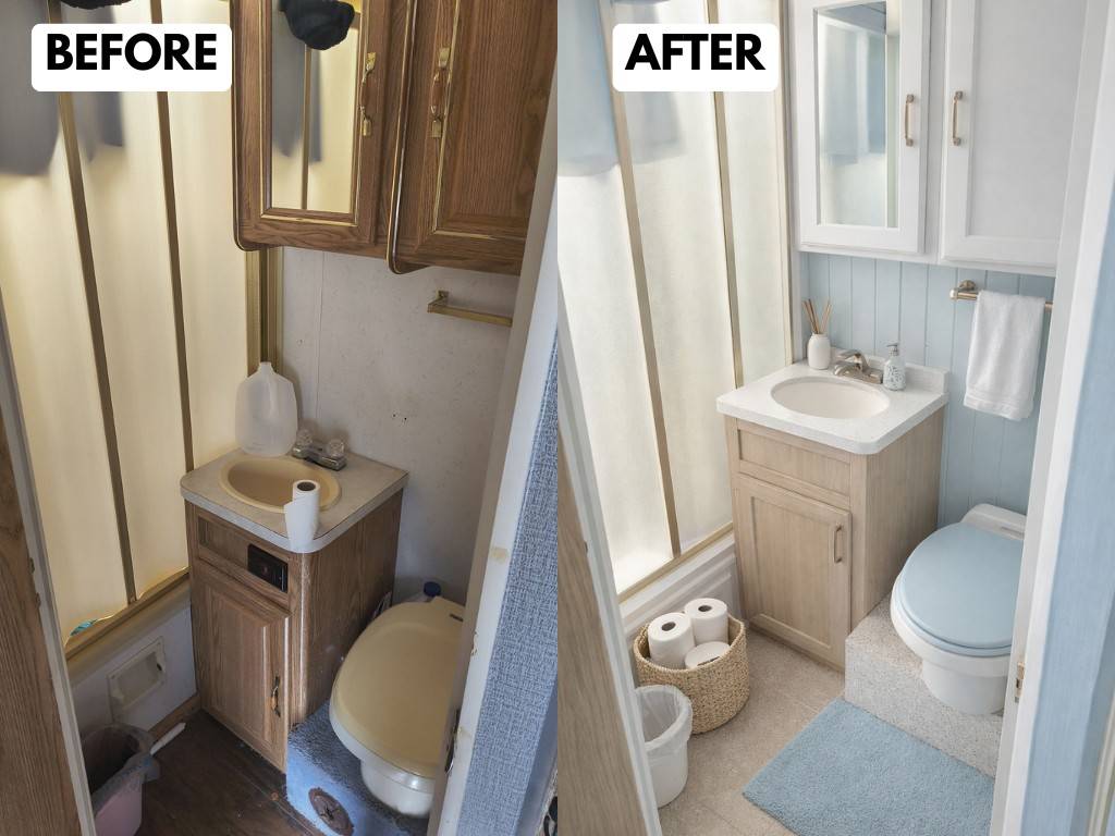 Before-and-after view of a small camper bathroom makeover. On the left, the original space features dark wood cabinetry, a tiny sink with a yellowed basin, a cramped layout, and dated finishes. On the right, the renovated version shows a brighter, modern design with a light wood vanity, white countertop sink, soft blue wall paneling, white cabinets, and improved organization. A compact toilet, woven storage basket with extra toilet paper, and a light rug add warmth and functionality, making the space feel cleaner, more open, and inviting.