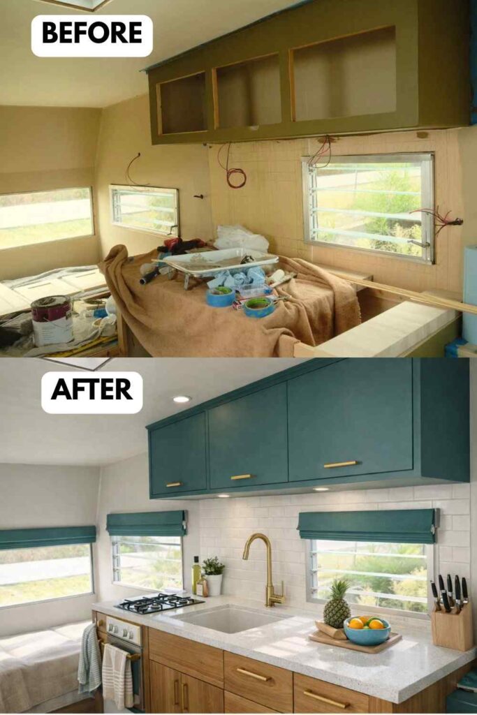 Before: A cluttered camper kitchen mid-renovation with exposed wiring, open upper cabinets, beige walls, and scattered tools across a covered counter. After: A fresh, modern camper kitchen with teal upper cabinets, brass hardware, white subway tile backsplash, sleek countertops, and a clean, functional layout filled with natural light.