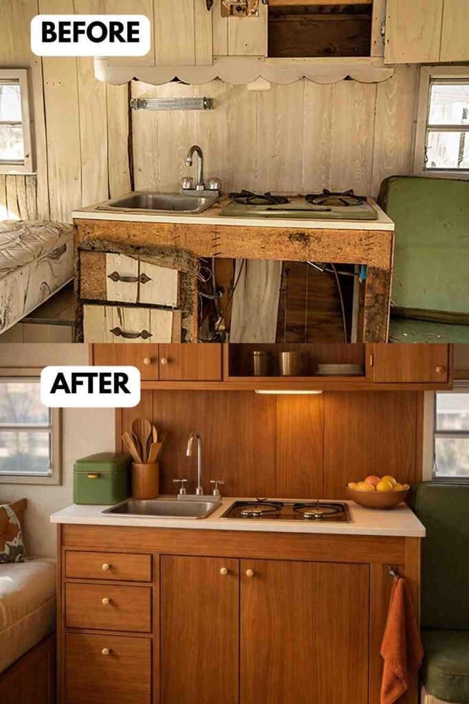 25 Small Camper Kitchen Makeover Before and After Transformation That Maximizes Space and Style smallhometours.com 5