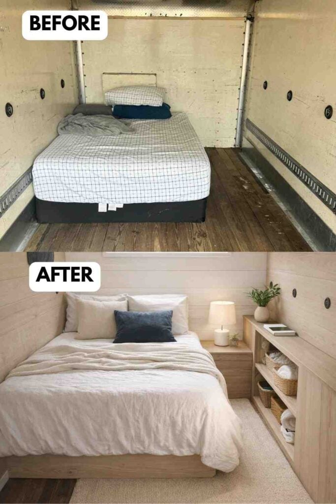 Before and after of a small camper bedroom makeover: a bare, worn interior with a simple mattress and exposed walls transformed into a bright, cozy sleeping space with wood paneling, built-in shelving, soft bedding, and warm lighting.