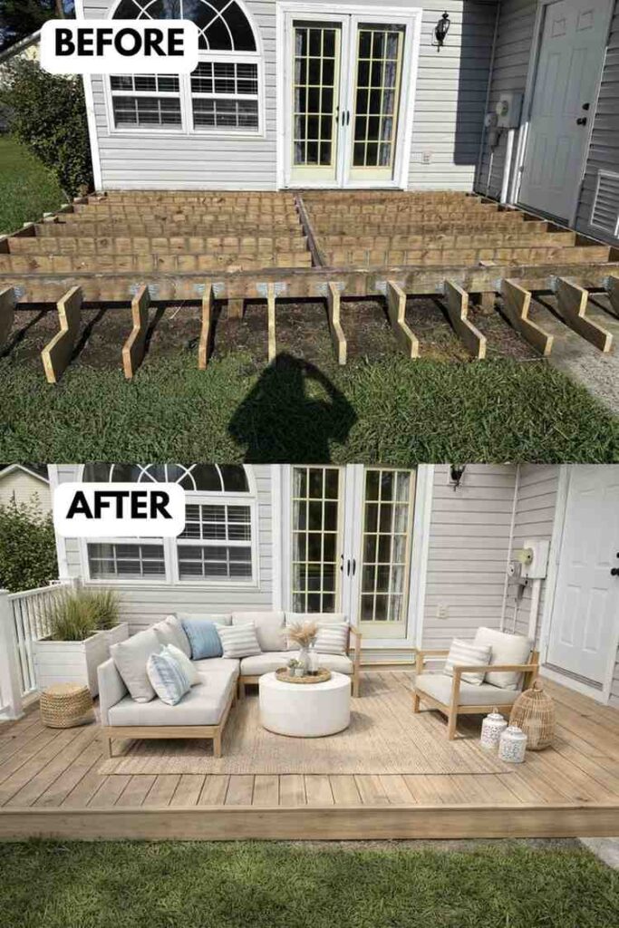 Before-and-after image of a small backyard deck transformation. Top (before): an unfinished wooden deck frame with exposed joists attached to a house with white siding, French doors, and a window. Bottom (after): a completed light-wood deck styled as a cozy outdoor seating area with a neutral sectional sofa, armchair, round coffee table, woven rug, potted plants, and soft decorative accents.
