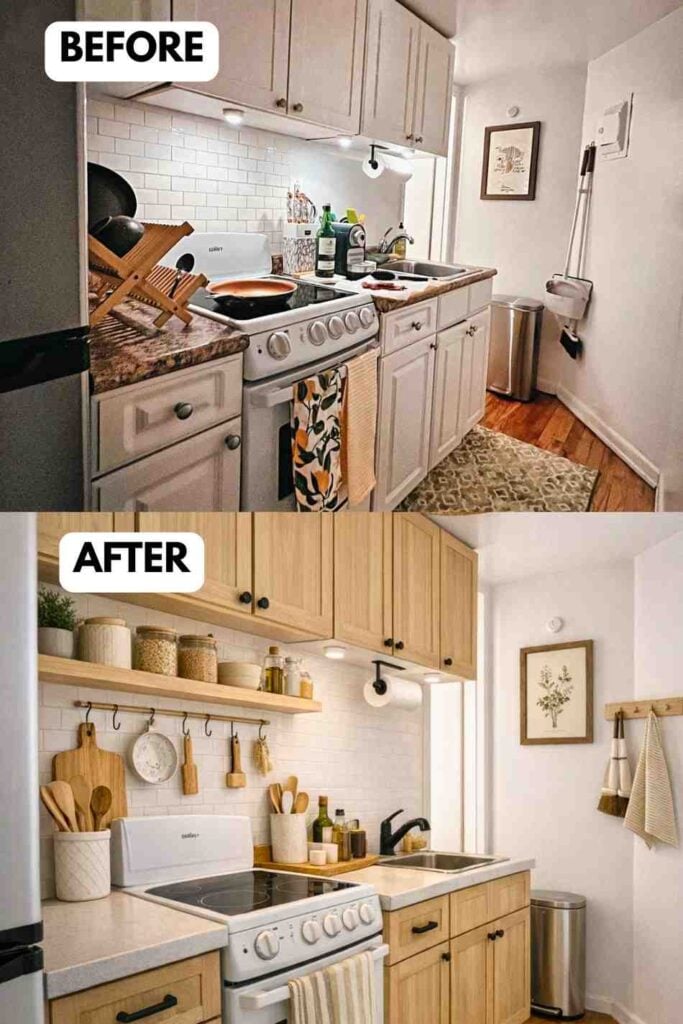 Before and after of a small galley kitchen makeover. The before image shows a narrow kitchen with white cabinets, dark laminate countertops, a cluttered stove area, and a wooden dish rack on the counter. The after image features light oak cabinets with black hardware, a lighter countertop, and an open wooden shelf displaying jars and decor. A hanging rail with utensils and cutting boards improves organization, while under-cabinet lighting and neutral decor create a brighter, warmer, and more functional space.