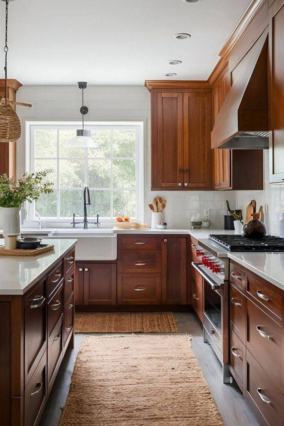Warm cherry wood kitchen cabinets with white countertops, farmhouse sink, large window, and woven rug in a bright cozy kitchen design.