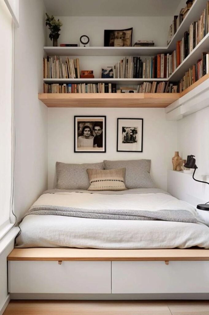 Cozy small bedroom with white walls, built-in storage bed, light wood accents, floating bookshelves filled with books, neutral bedding, and framed black-and-white artwork creating a bright minimalist Scandinavian-style space.