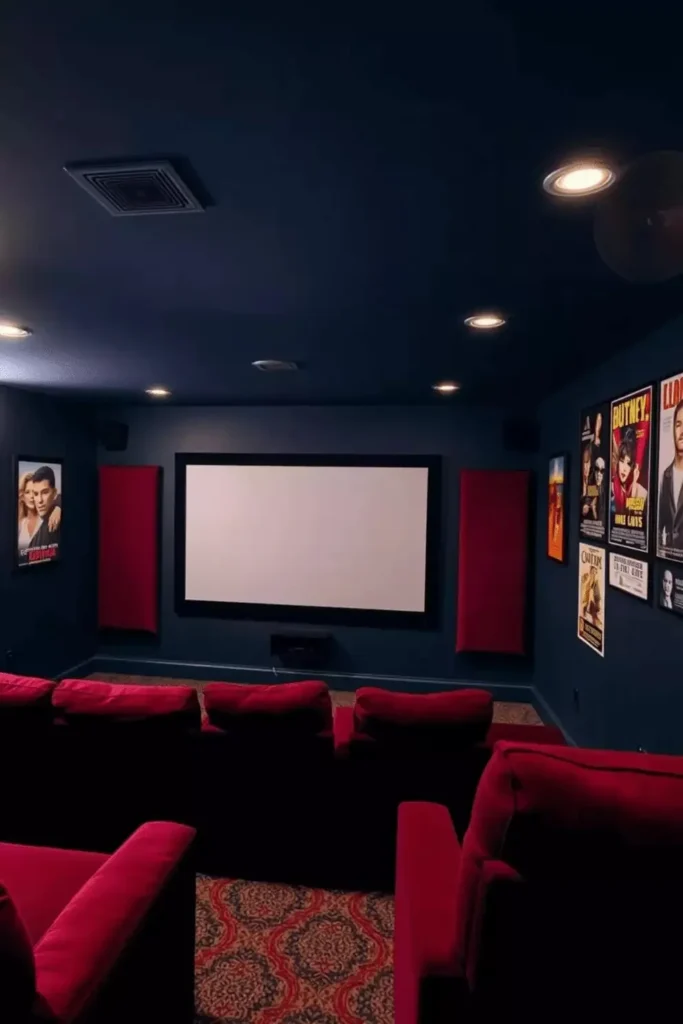 Dark navy blue media room with plush red theater seating, a large projector screen, movie posters on the walls, and dim recessed lighting creating a cozy cinematic atmosphere.
