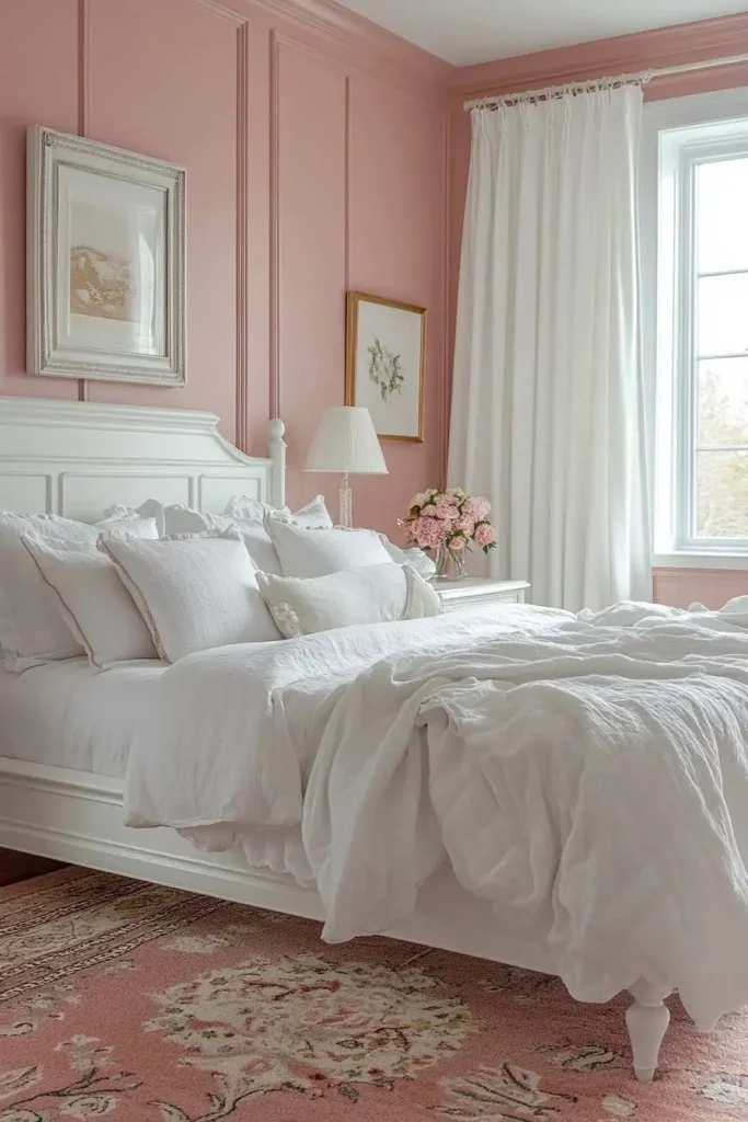 Soft blush pink bedroom with white bedding, elegant wall molding, sheer white curtains, floral accent rug, and cozy romantic cottage-style decor.