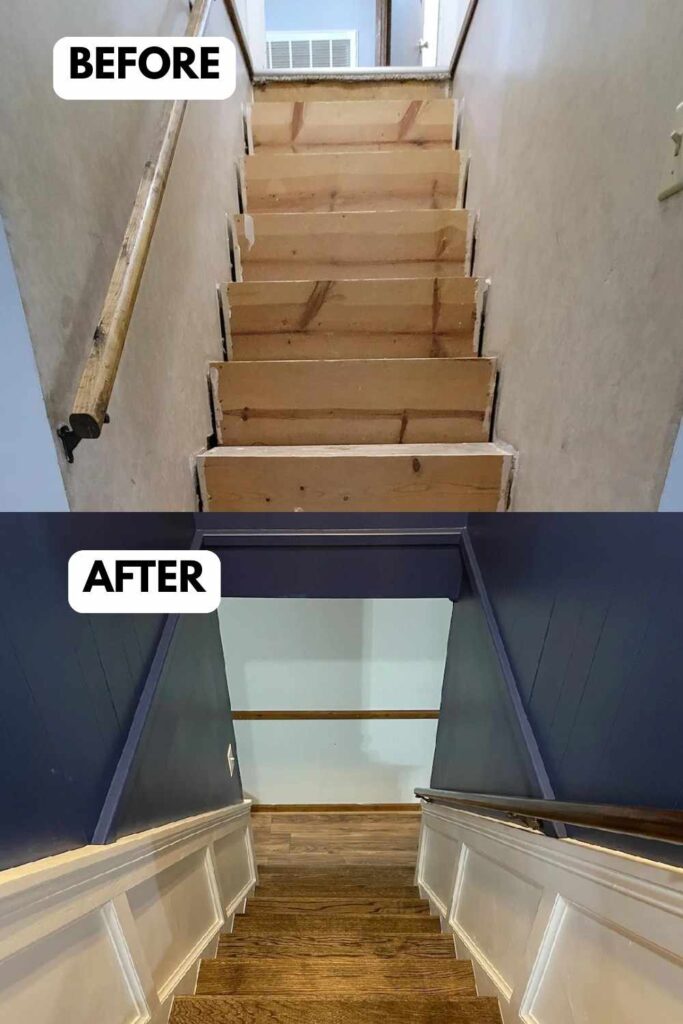 Before and after view of a basement staircase remodel: the original stairs show unfinished wooden treads, plain beige walls, and a simple wood handrail, giving a raw, utilitarian feel. The updated version features rich wood steps, white paneled wainscoting, dark blue walls, improved trim, and a sleeker handrail, creating a polished, modern look.