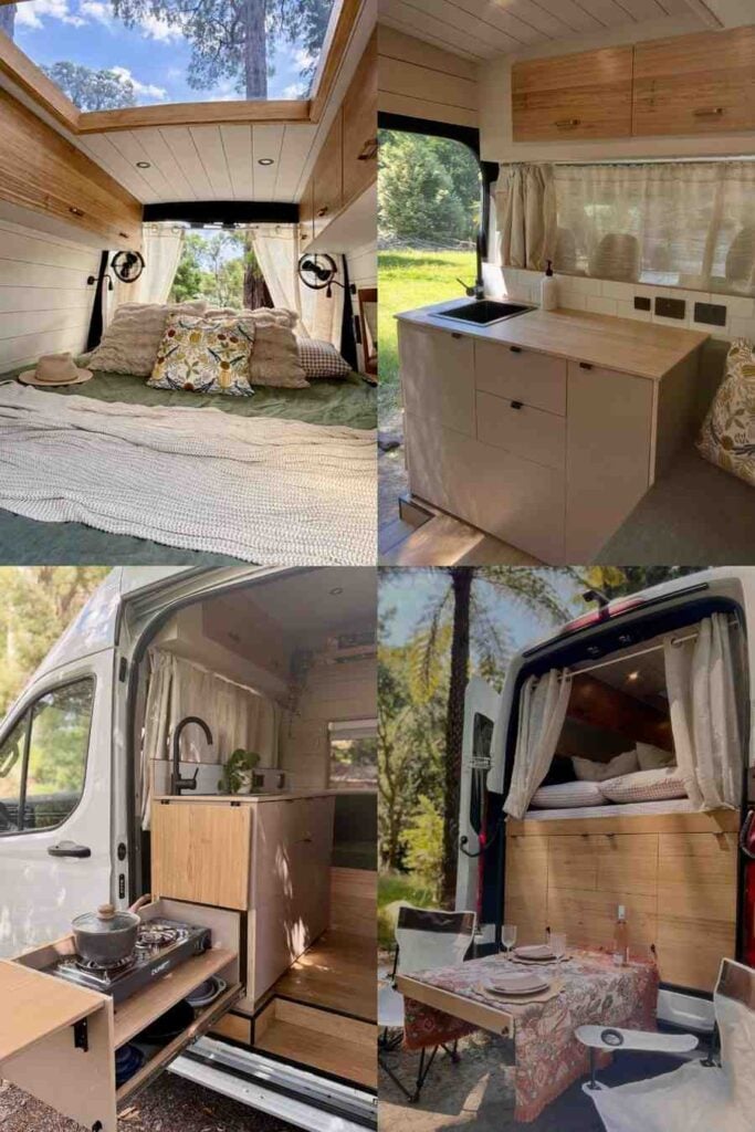 Collage of a modern small camper van interior featuring a cozy rear bed beneath a panoramic skylight, light wood cabinetry, a compact white kitchenette with sink, soft cream curtains, outdoor slide-out cooking station, and a rear dining setup. The bright, minimalist layout maximizes space with warm natural finishes and clever storage.