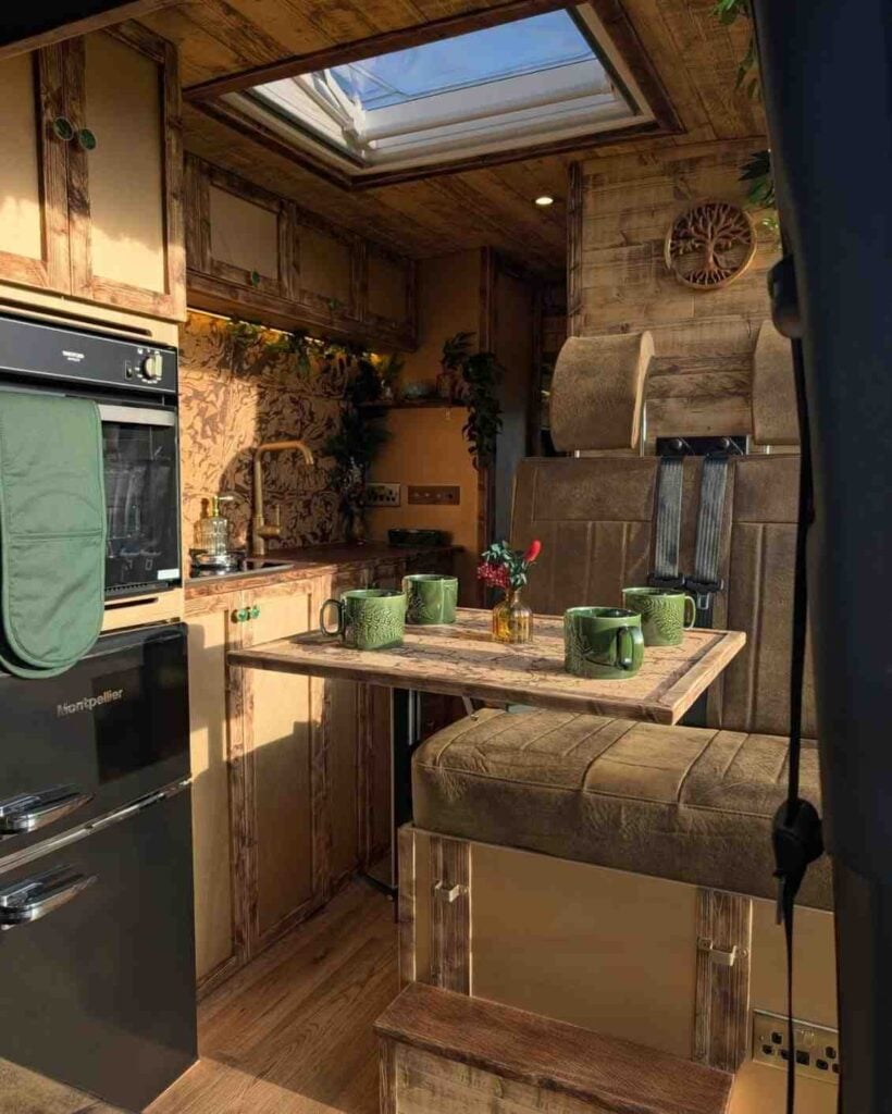 Cozy tiny home camper interior with warm wood cabinetry, a skylight, and a compact dinette featuring green mugs. Built-in kitchen includes a black refrigerator, oven, sink, and overhead storage, while upholstered bench seating with hidden storage creates a functional, inviting space filled with natural light and rustic charm.
