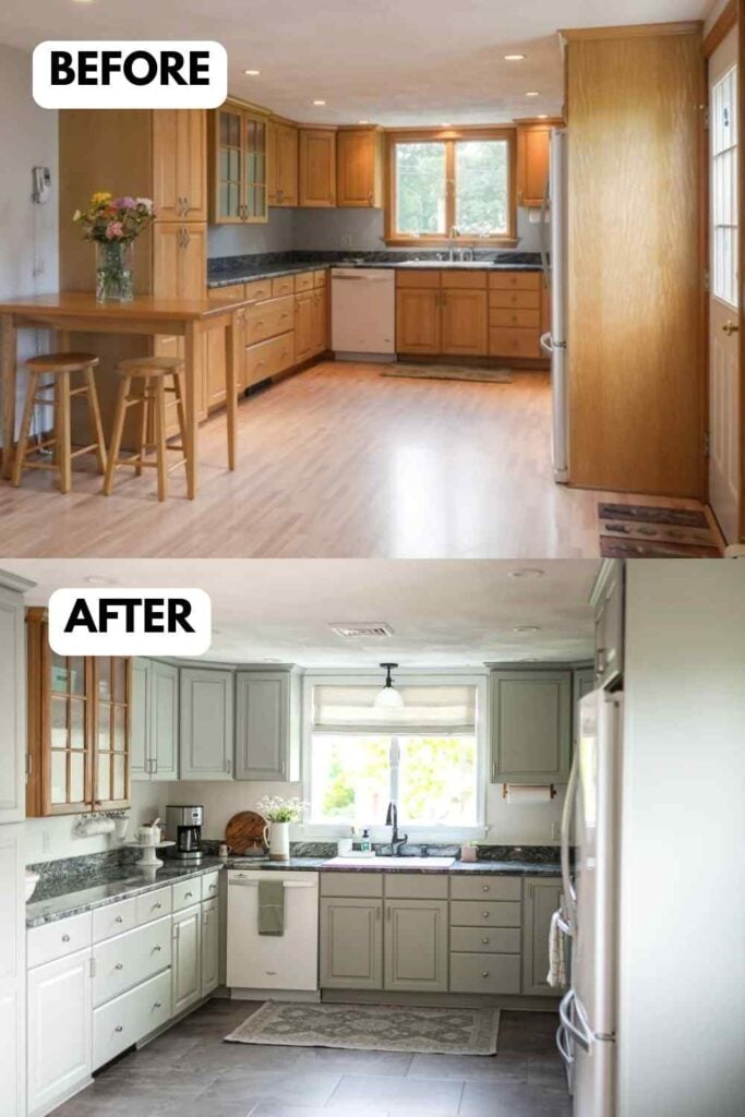 Before-and-after kitchen cabinet makeover showing a dated kitchen with honey oak wood cabinets, light wood flooring, and dark countertops transformed into a brighter space with painted light gray cabinets, updated hardware, darker tile flooring, and a fresh, modern farmhouse-inspired look.