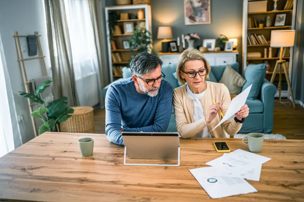Older couple reviewing financial documents together at a dining table with a tablet, smartphone, paperwork, and coffee mugs in a cozy living room.