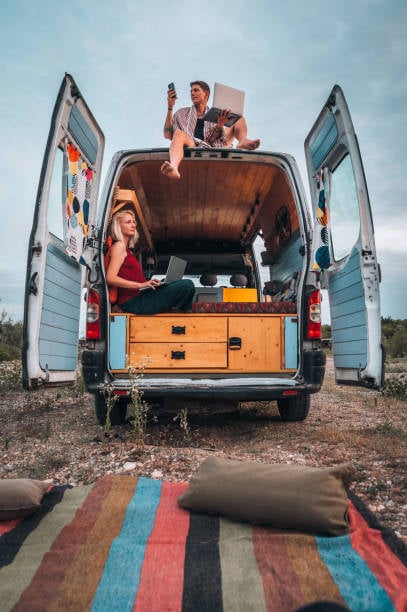 A young couple using laptop and a smartphone while working remotely in their van