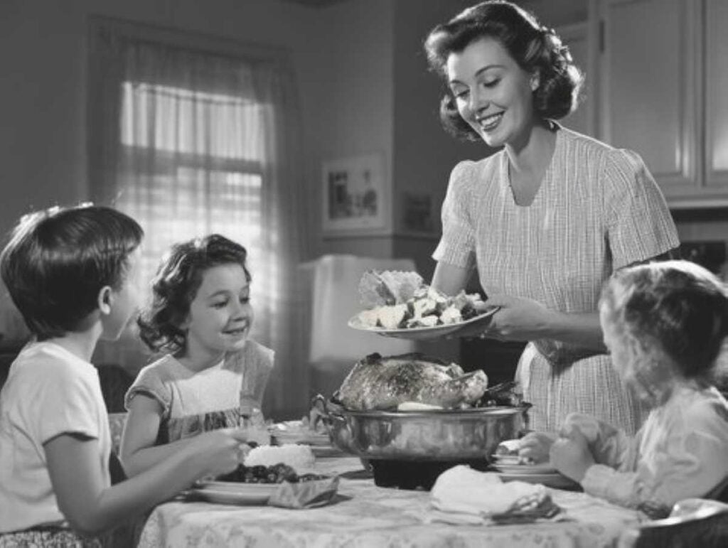 A black-and-white 1950s-style scene of a smiling mother serving dinner to three children gathered around the family table, with a roast and side dishes in the center.