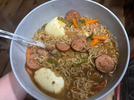 Instant Ramen (dressed up with egg, veggies, hot dogs)