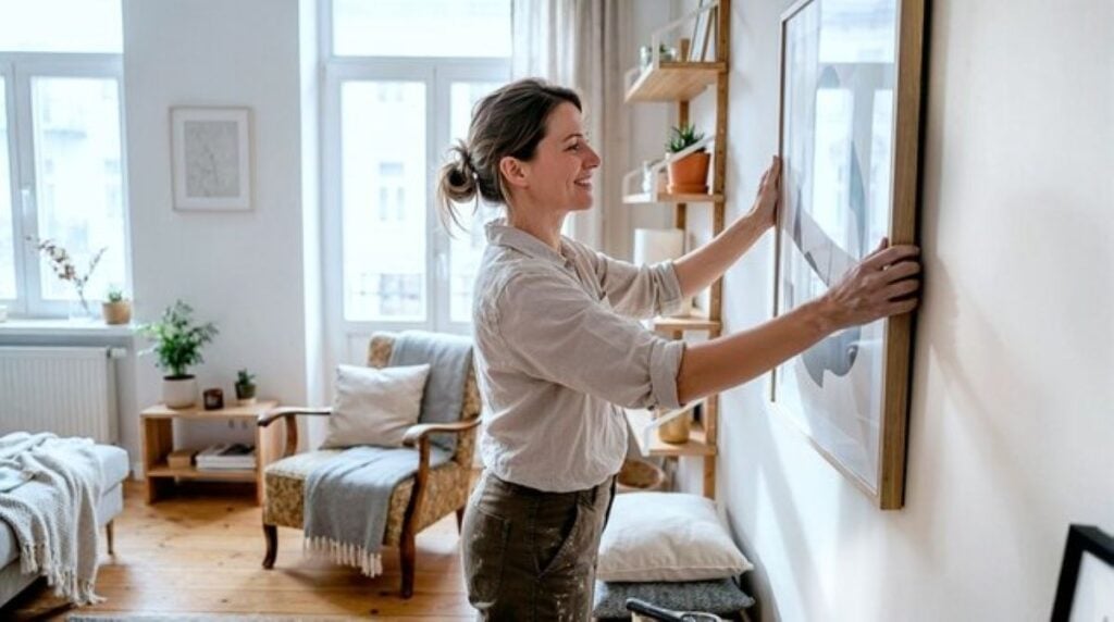 Woman hanging framed artwork on the wall while staging a bright, neatly decorated living room.