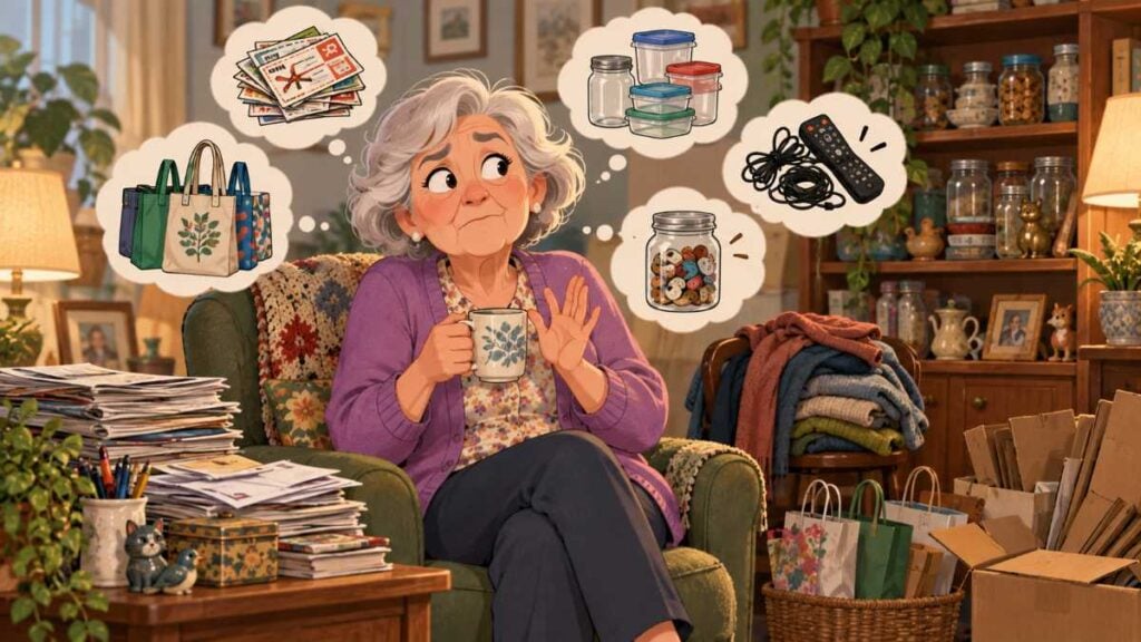 An older woman sits in a cluttered living room surrounded by stacks of papers, shopping bags, boxes, folded clothes, jars, and saved household items, with thought bubbles showing everyday things she struggles to throw away.