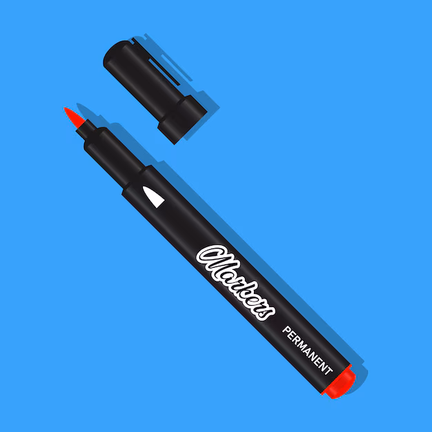 Permanent marker with red tip and cap on a blue background.