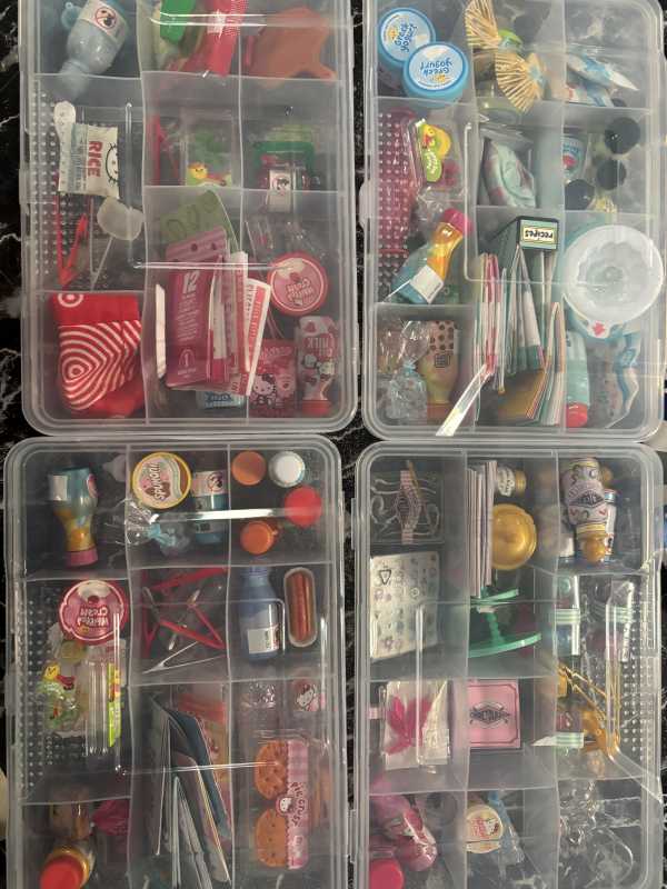 Four clear compartment organizers filled with small personal items, cosmetics, accessories, and miscellaneous supplies for compact, organized packing.