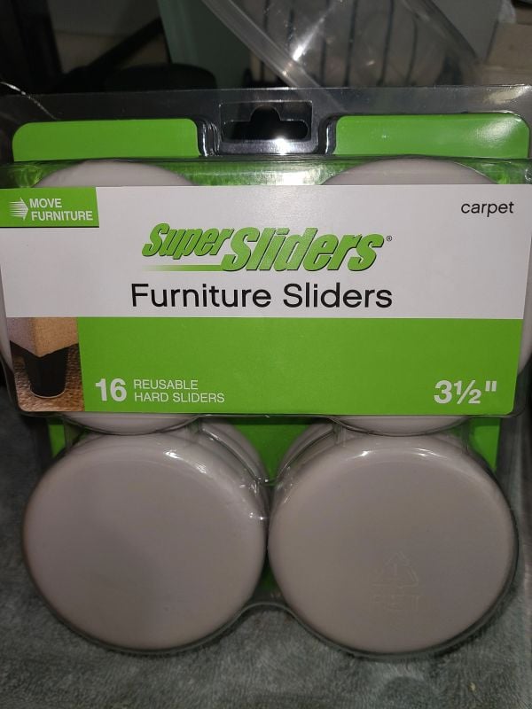 Package of SuperSliders reusable furniture sliders designed to help move furniture across carpet.