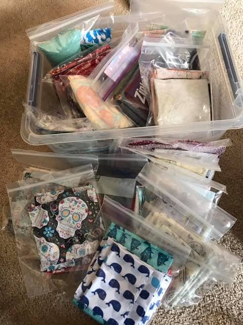 Clear storage bin filled with small belongings organized into multiple resealable plastic bags.