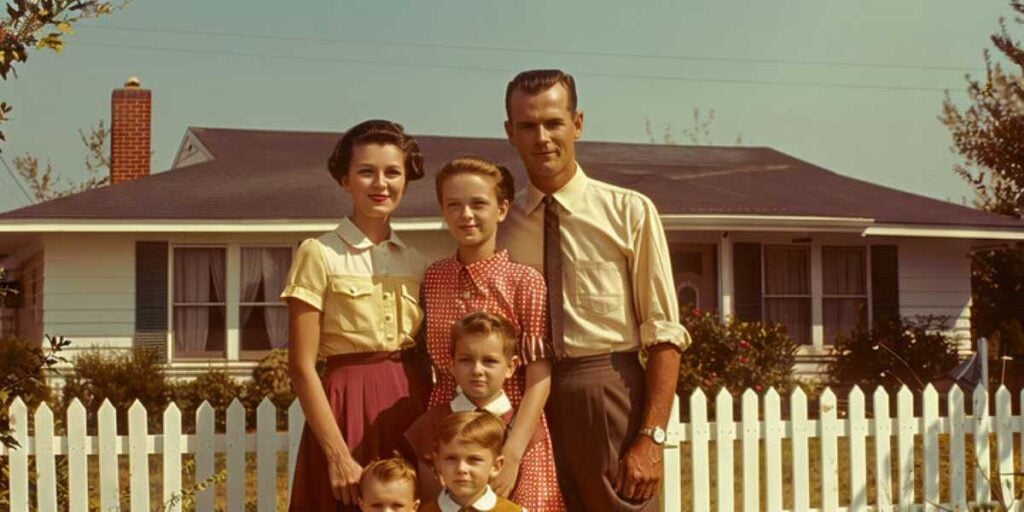 A vintage 1950s-style family portrait showing a mother, father, and four children standing together in front of a suburban home with a white picket fence.