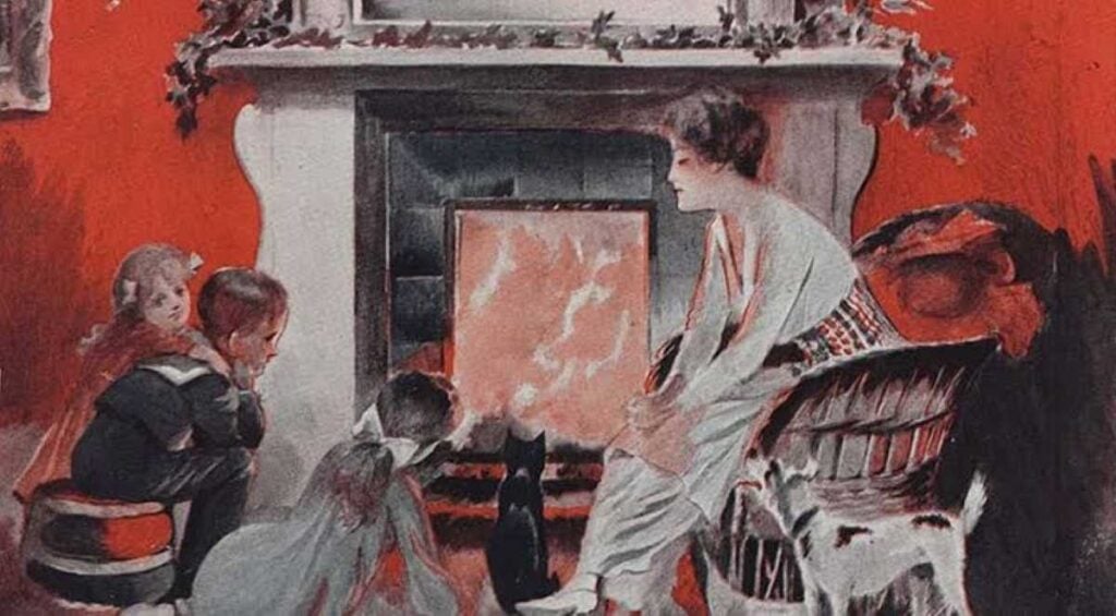 Vintage illustration of a mother and children gathered closely around an open fireplace for warmth in a red-walled room.