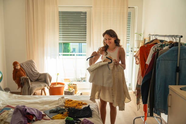 Woman sorting through clothes on hangers in a bedroom, with clothing spread across the bed and a garment rack nearby.