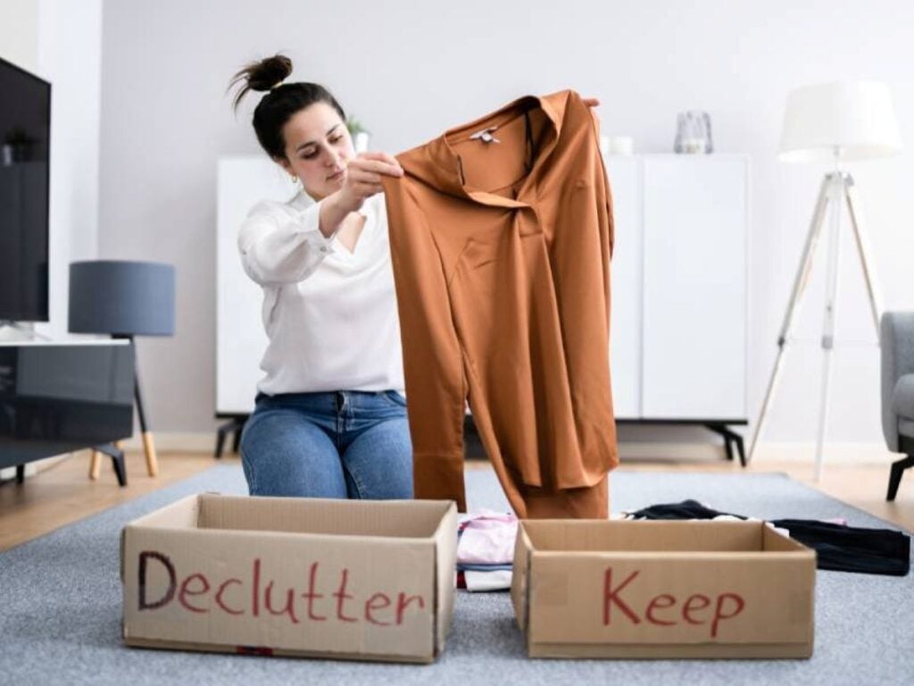 Woman sitting on the floor sorting clothes, holding up a brown shirt beside two cardboard boxes labeled “Declutter” and “Keep” in a bright living room.