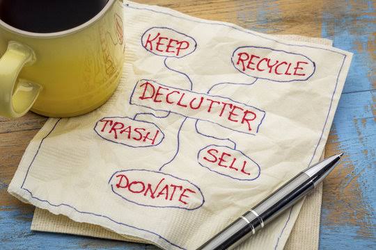 A handwritten decluttering flowchart on a napkin with options to keep, recycle, trash, sell, or donate, beside a coffee mug and pen on a wooden table.