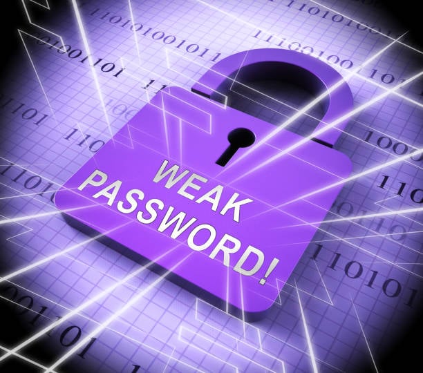 Purple padlock over a digital binary-code background with the words “WEAK PASSWORD!” across the lock.