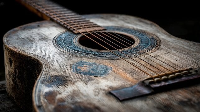 Close-up of a heavily worn acoustic guitar with faded wood, scratches, and visible strings.