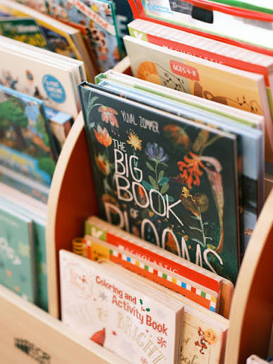 Collection of colorful children’s books displayed upright in a wooden book rack.