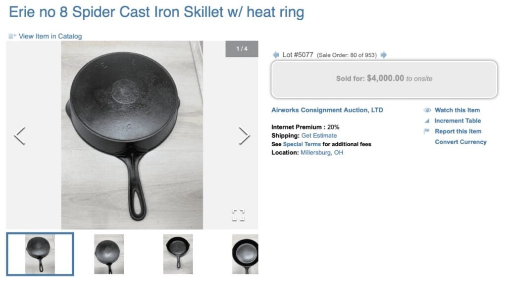 Griswold cast iron “ERIE” “Spider” skillet number 8 with heat ring sold for $4,000. Note the pitting and wear to the spider.